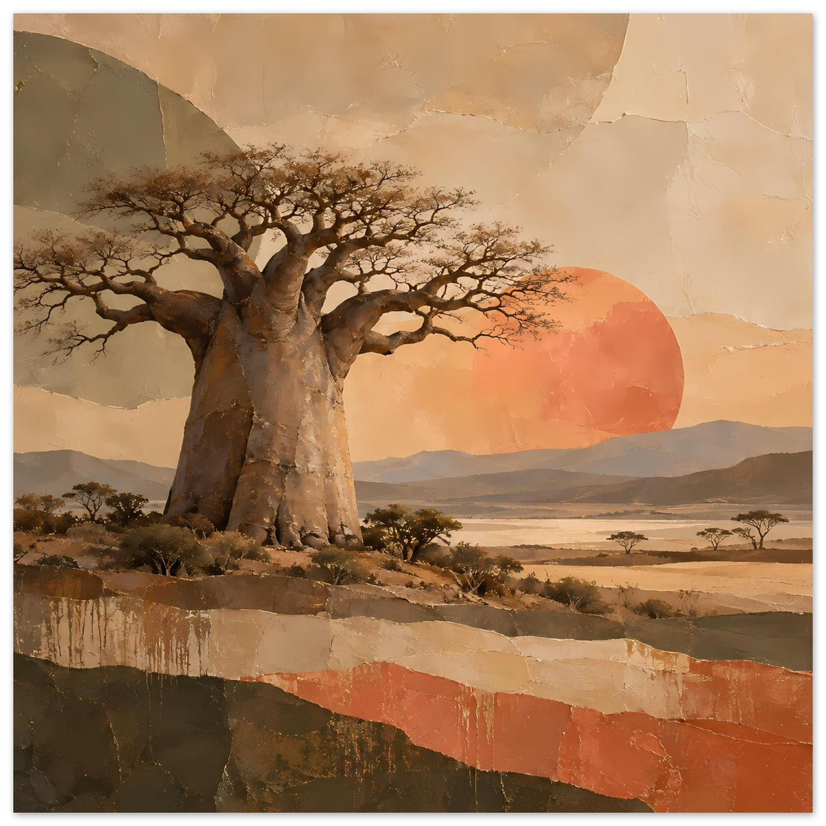 Naturposter mit Baobab-Baum links, Wüstenlandschaft rechts und großer orangefarbener Sonne