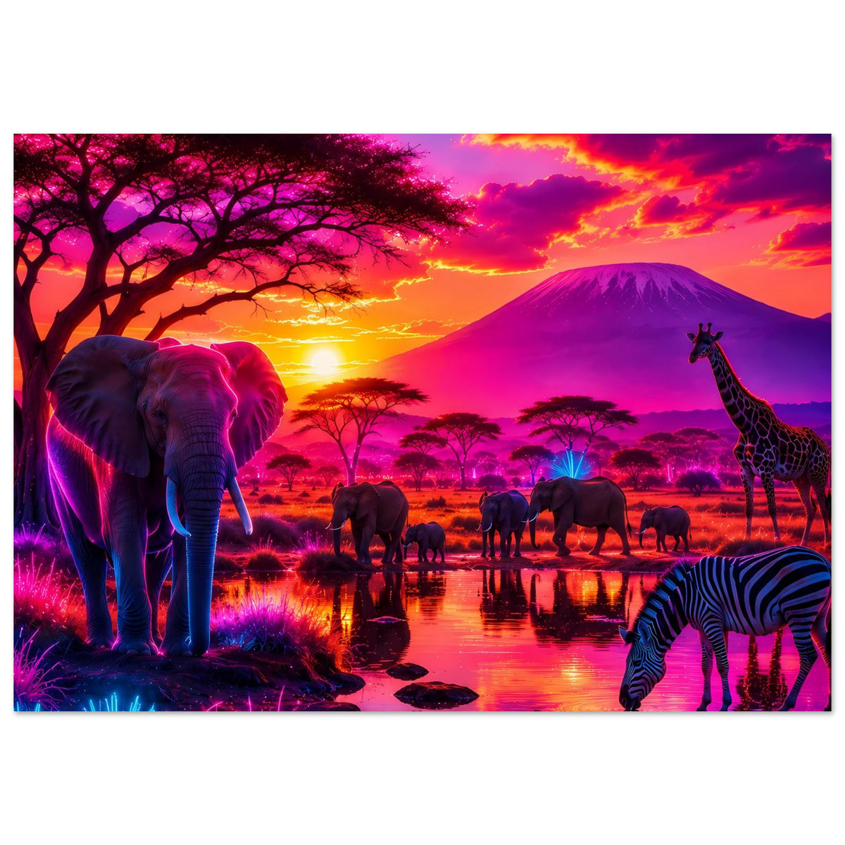 Horizontales Poster: Elefant und Giraffe an reflektierendem Fluss, Zebras im Vordergrund