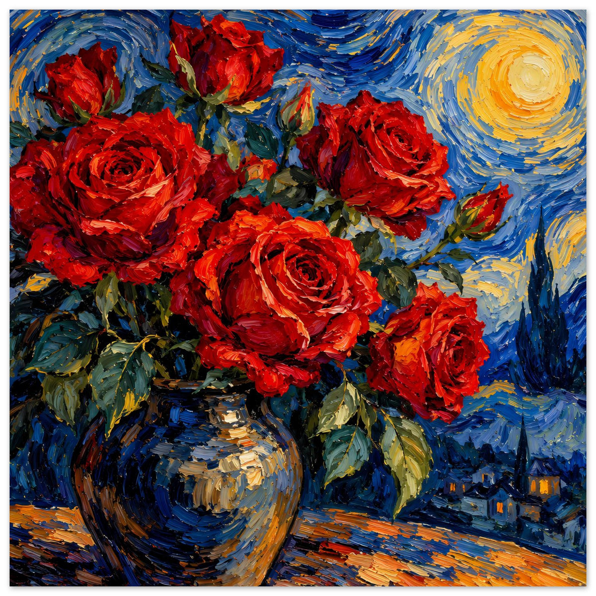 Poster im Quadratformat: rote Rosen vor blauem Himmel mit leuchtendem Mond
