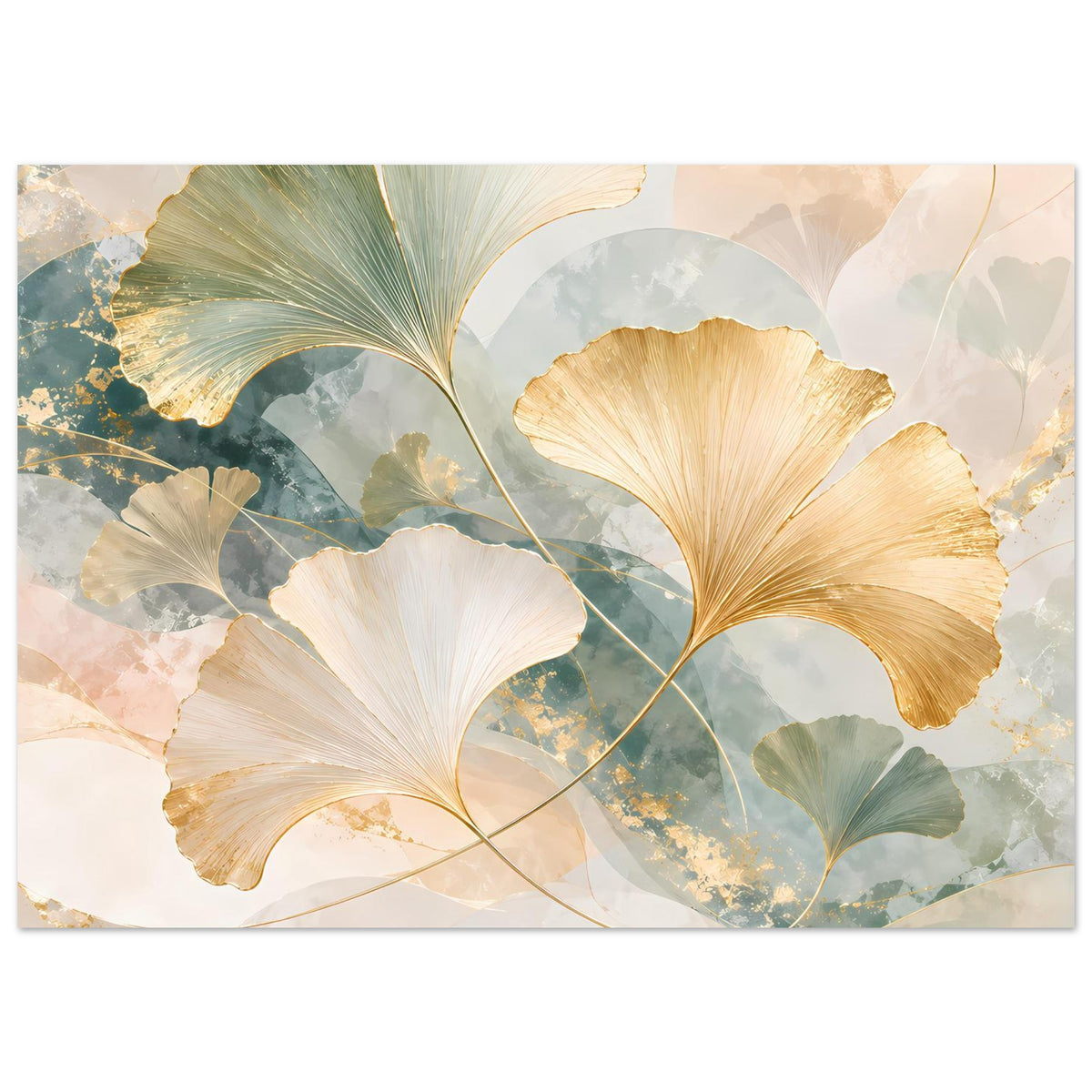 Querformat-Poster mit Ginkgo-Blättern in Gold, Grüntönen und Creme, weiche Farbverläufe
