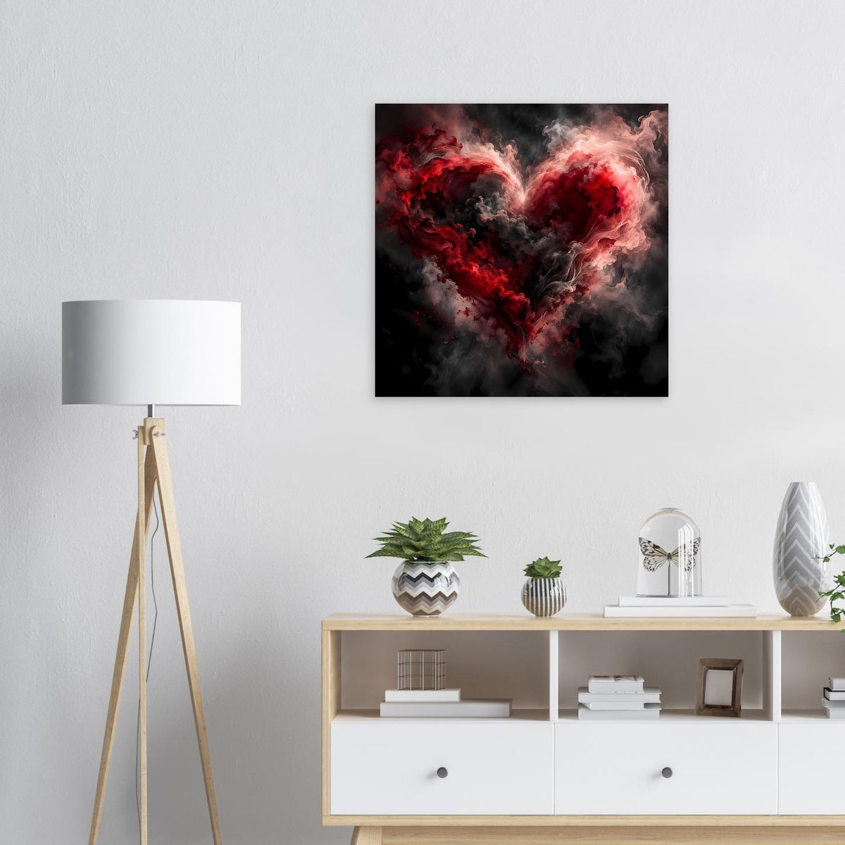 Quadratisches Wandposter mit leuchtendem roten Herz aus Rauchwolken auf dunklem Hintergrund