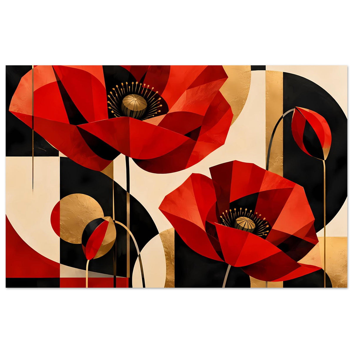 Abstraktes Kunstposter mit roten Mohnblumen, goldfarbenen Akzenten und geometrischem Muster