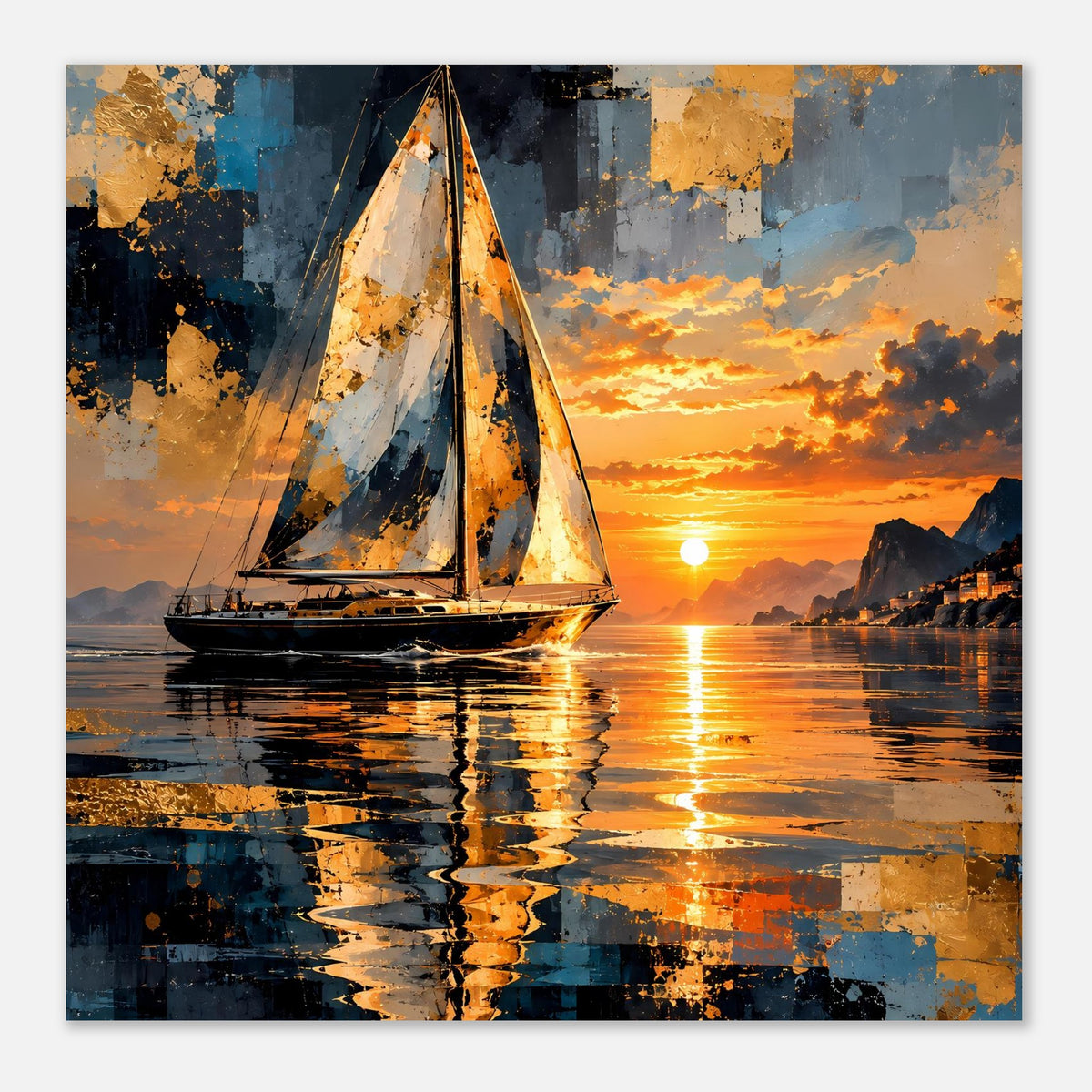 Abstraktes Poster mit Segelboot, Sonnenuntergangswolken und Spiegelung auf ruhigem Wasser.