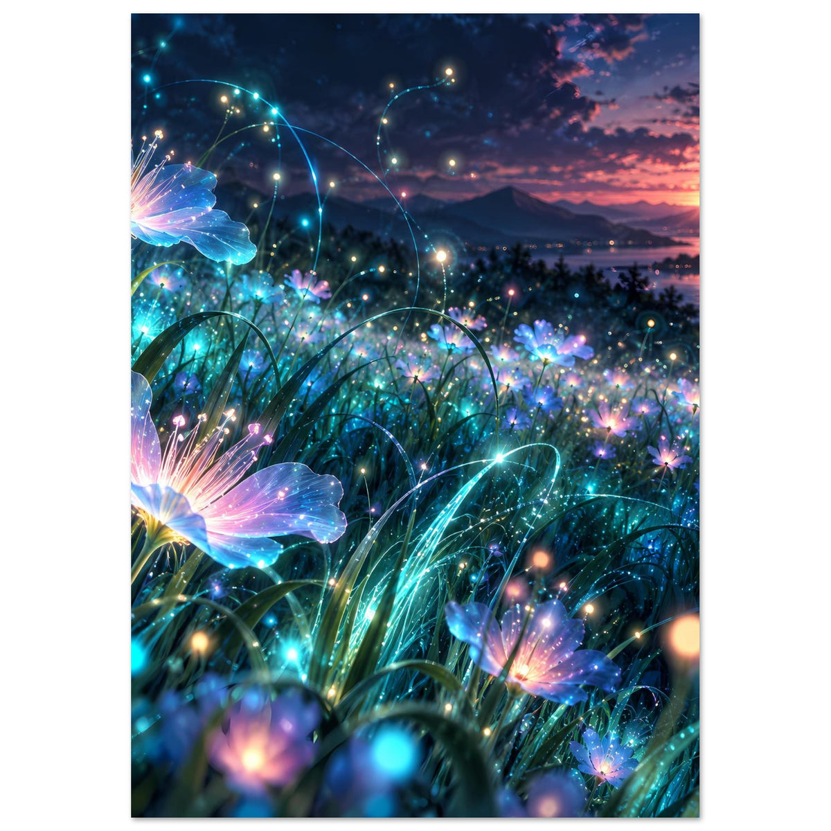 Wandposter, hochformatig, Nahansicht leuchtender Blumen mit funkelnden Lichtpunkten