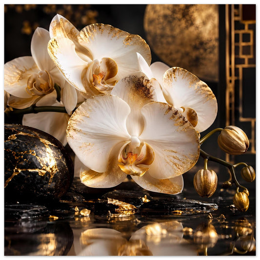 Poster mit weißen Orchideenblüten und goldenen Akzenten, umgeben von Kugeln und Glitzerstaub