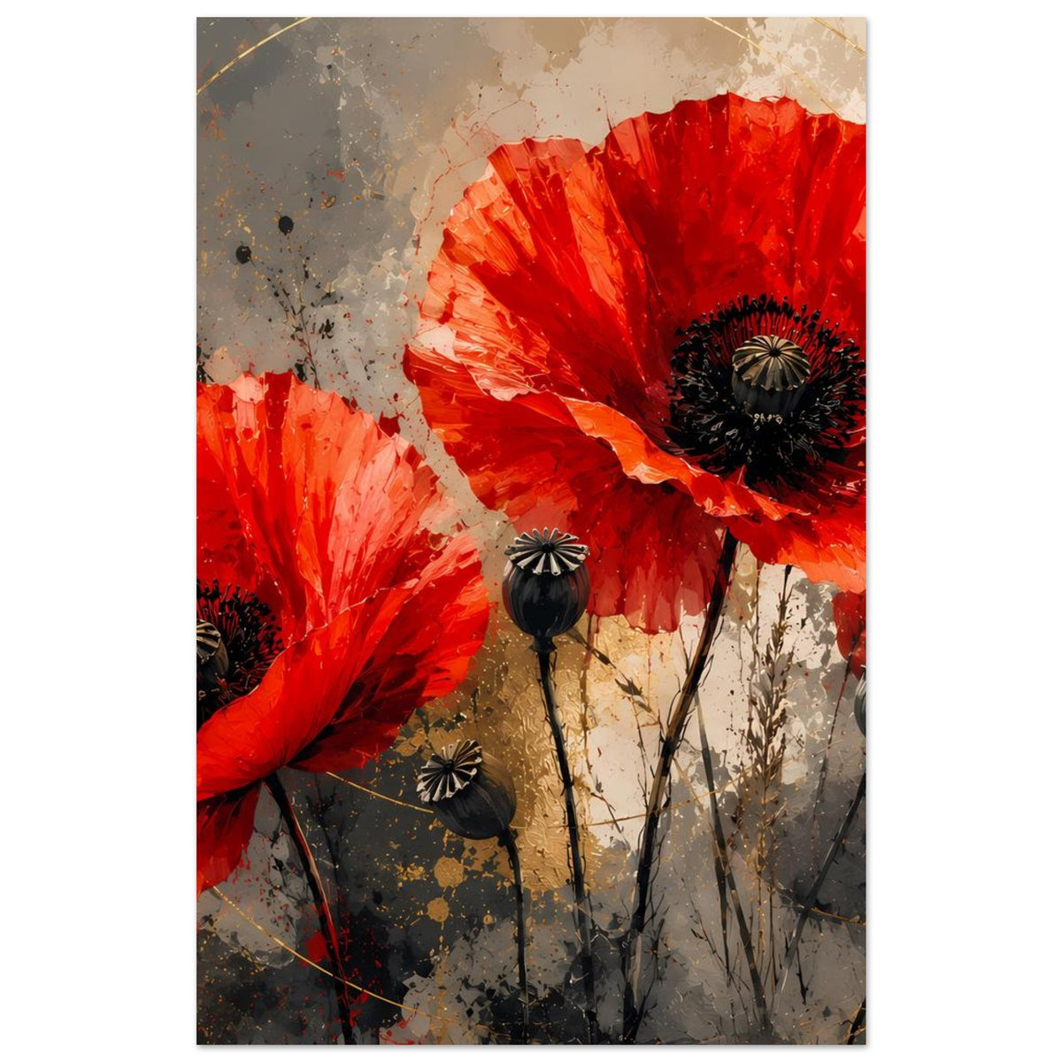 Poster mit roten Mohnblüten, schwarzen Samenkapseln und grauem Sprenkelhintergrund