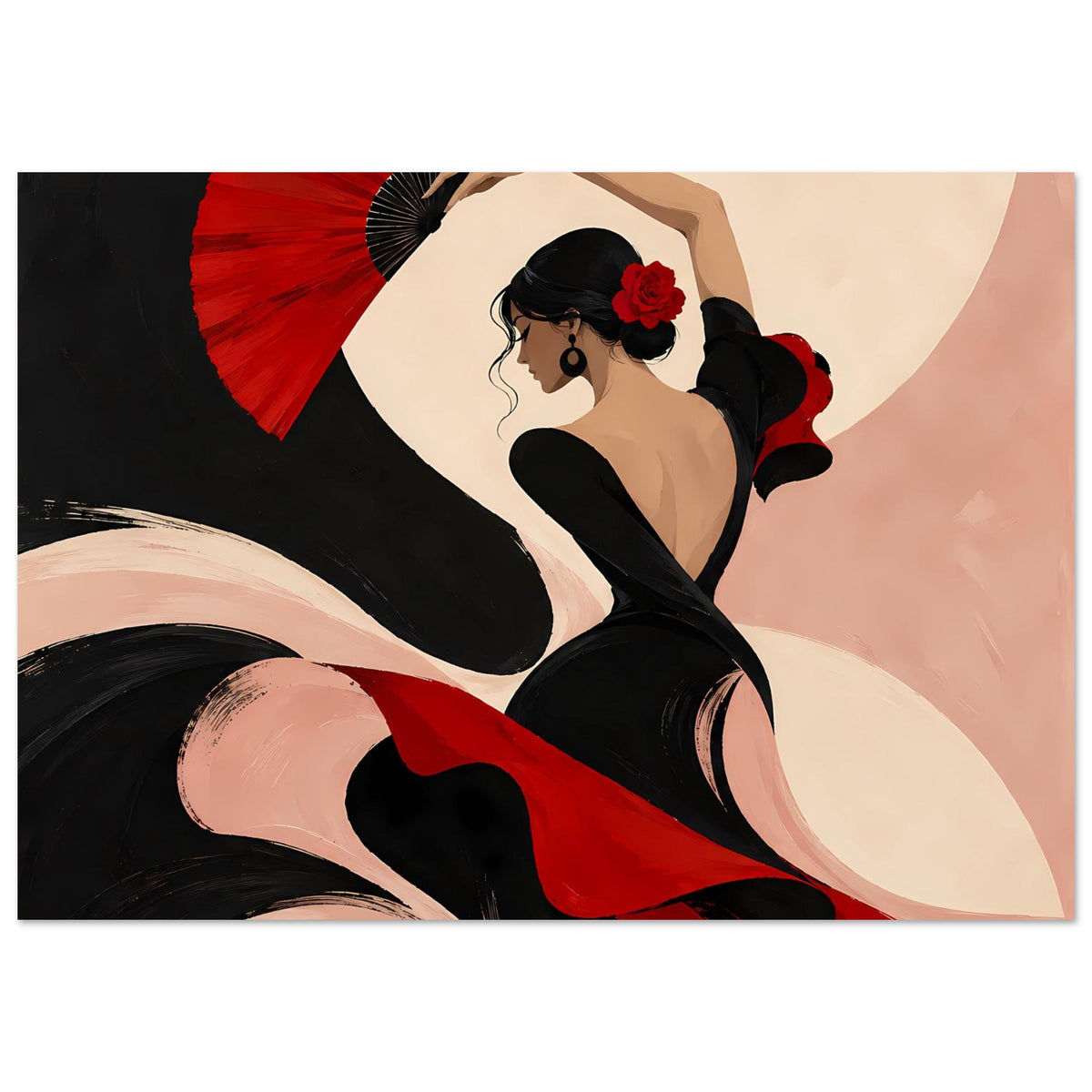 Poster mit Flamenco-Tänzerin, rotem Fächer, schwarzem Kleid mit roten Einsätzen