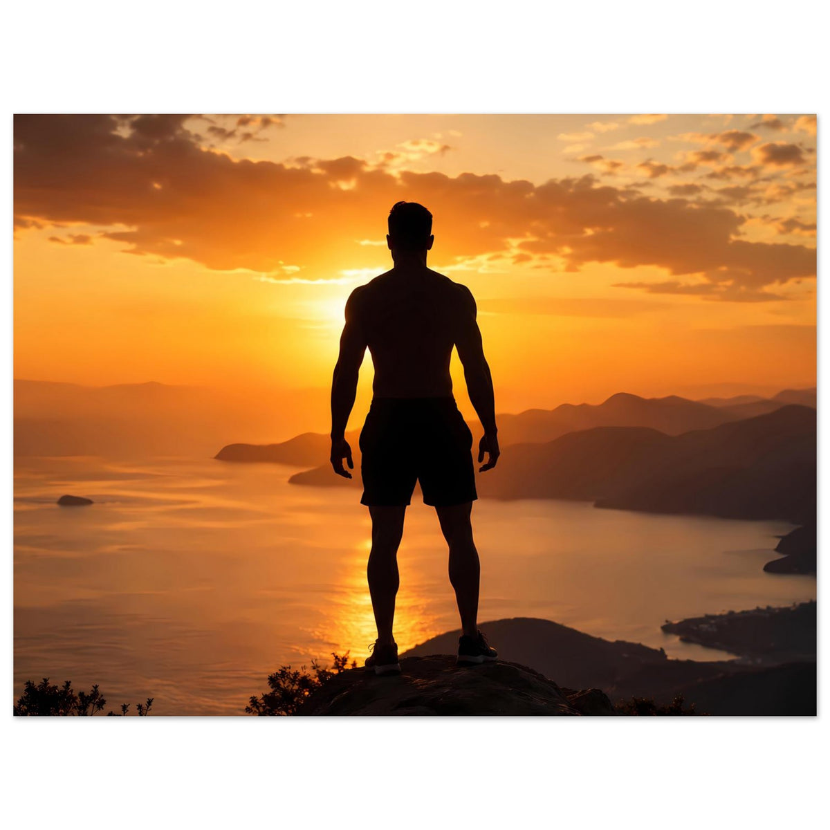 Horizontales Poster mit Silhouette eines Mannes auf Felsvorsprung bei Sonnenuntergang
