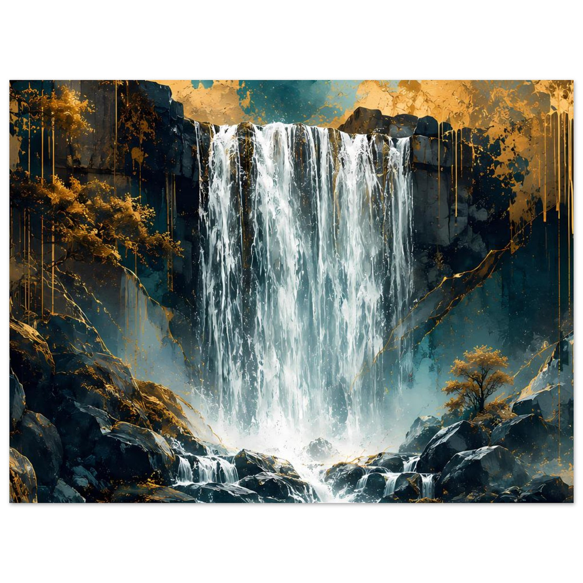 Wasserfall-Poster im Querformat: hoher Wasserfall zwischen Steilfelsen, türkisfarbenes Spritzwasser