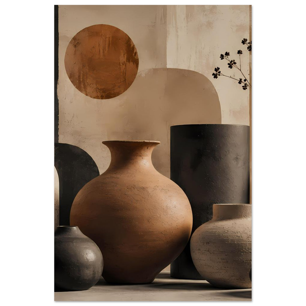 Poster mit Keramikvasen im Stillleben: terrakottafarbene Vase, schwarze Zylinder- und Beigeflaschen