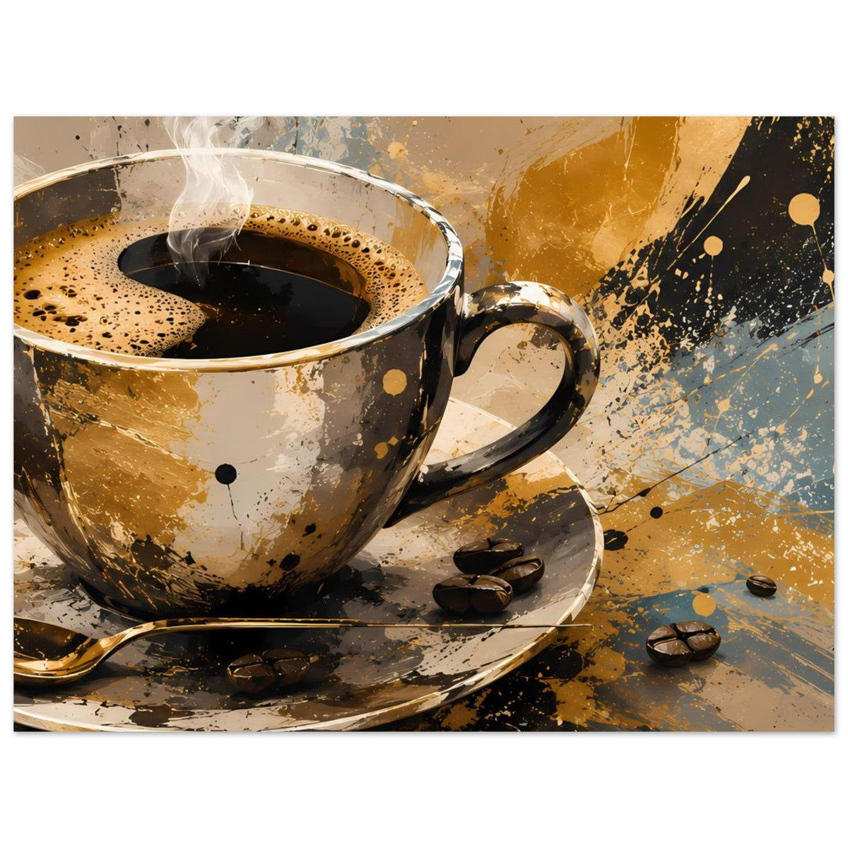 Kunstposter mit Kaffeetasse und Dampf über dunklem Kaffee, plus Untertasse und Bohnen