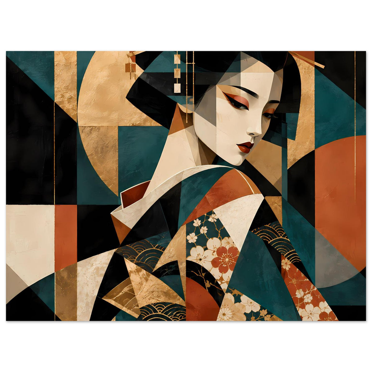 Horizontales Kunstposter mit Geisha und floraler Verzierungen, Schwarz, Gold, Türkis und Rot