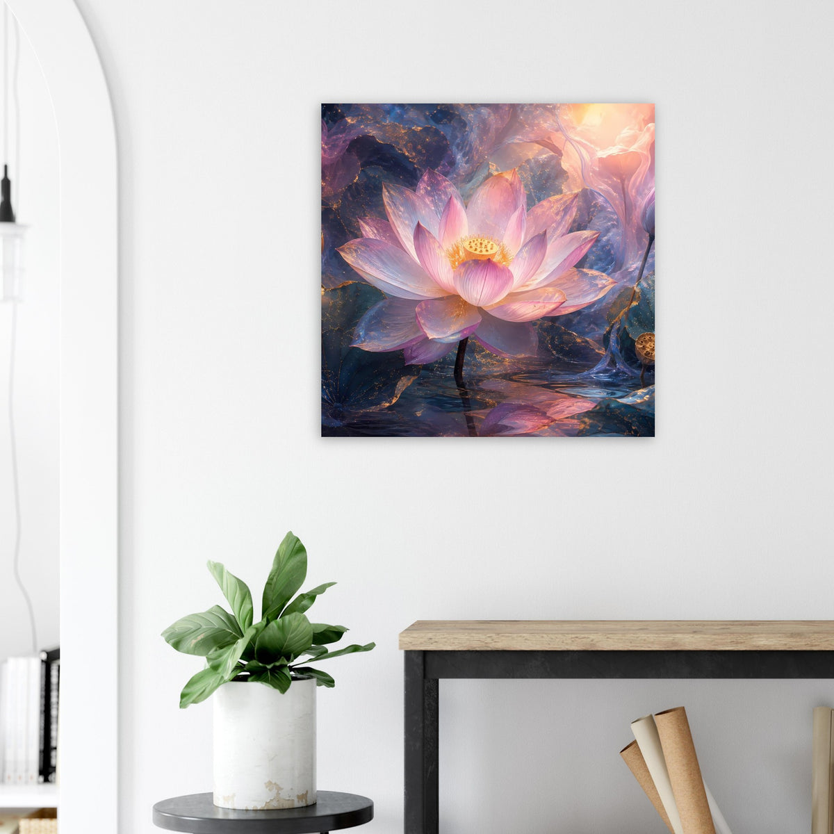 Quadratisches Lotusblüten-Poster mit rosa Lotus im Vordergrund und blau-lila dunklem Hintergrund