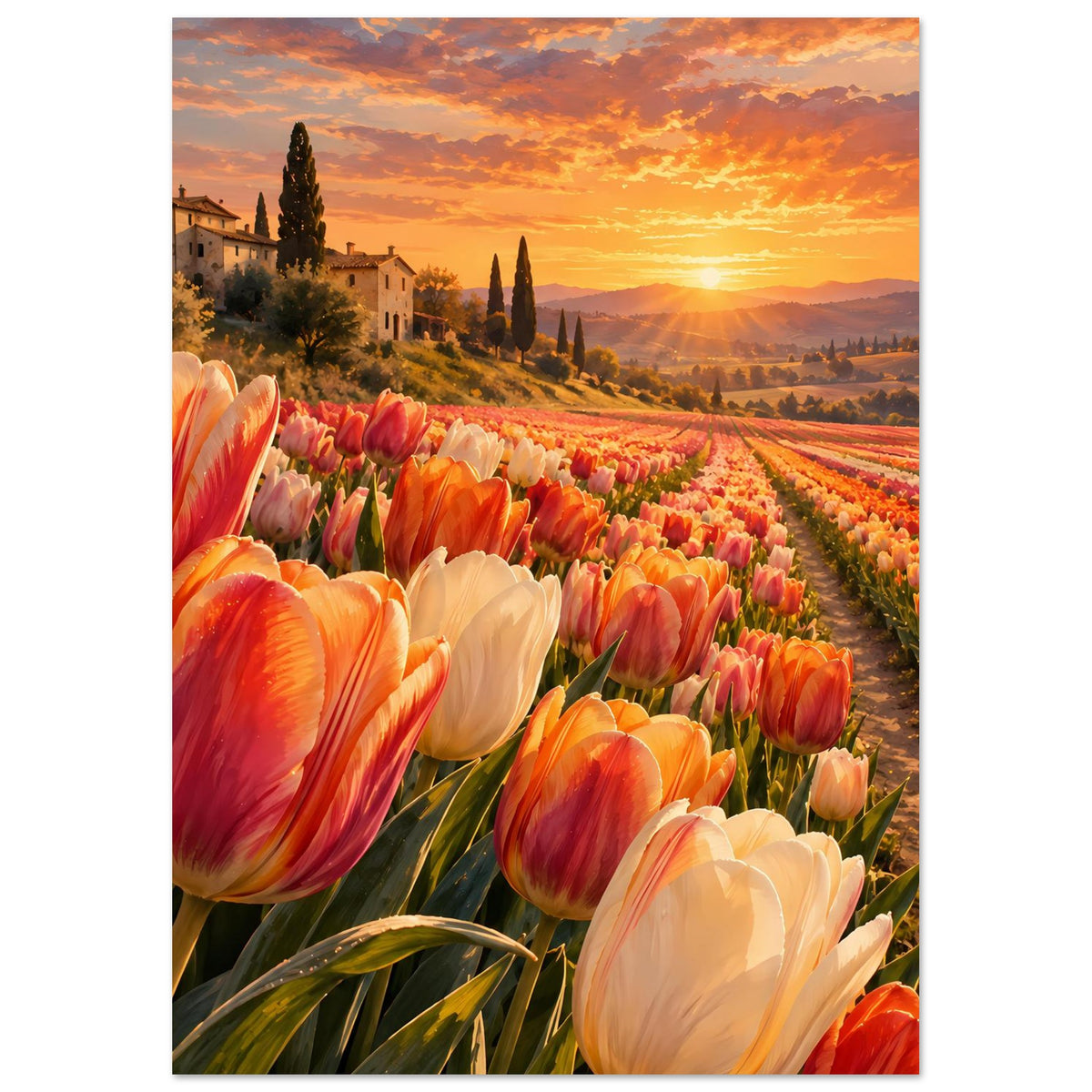 Poster: Nah wirkende Reihe von Tulpen im orange-roten Farbverlauf, Hochformat