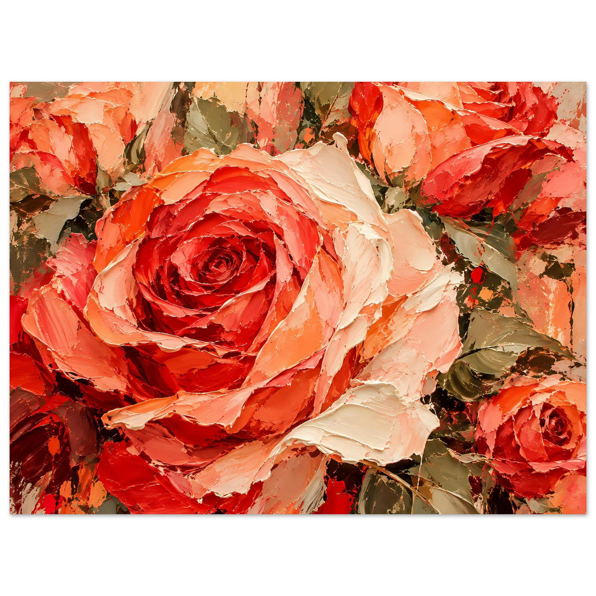 Wandposter mit großen Rosenblüten in Rot und Apricot, cremefarbene Akzente, Blätter