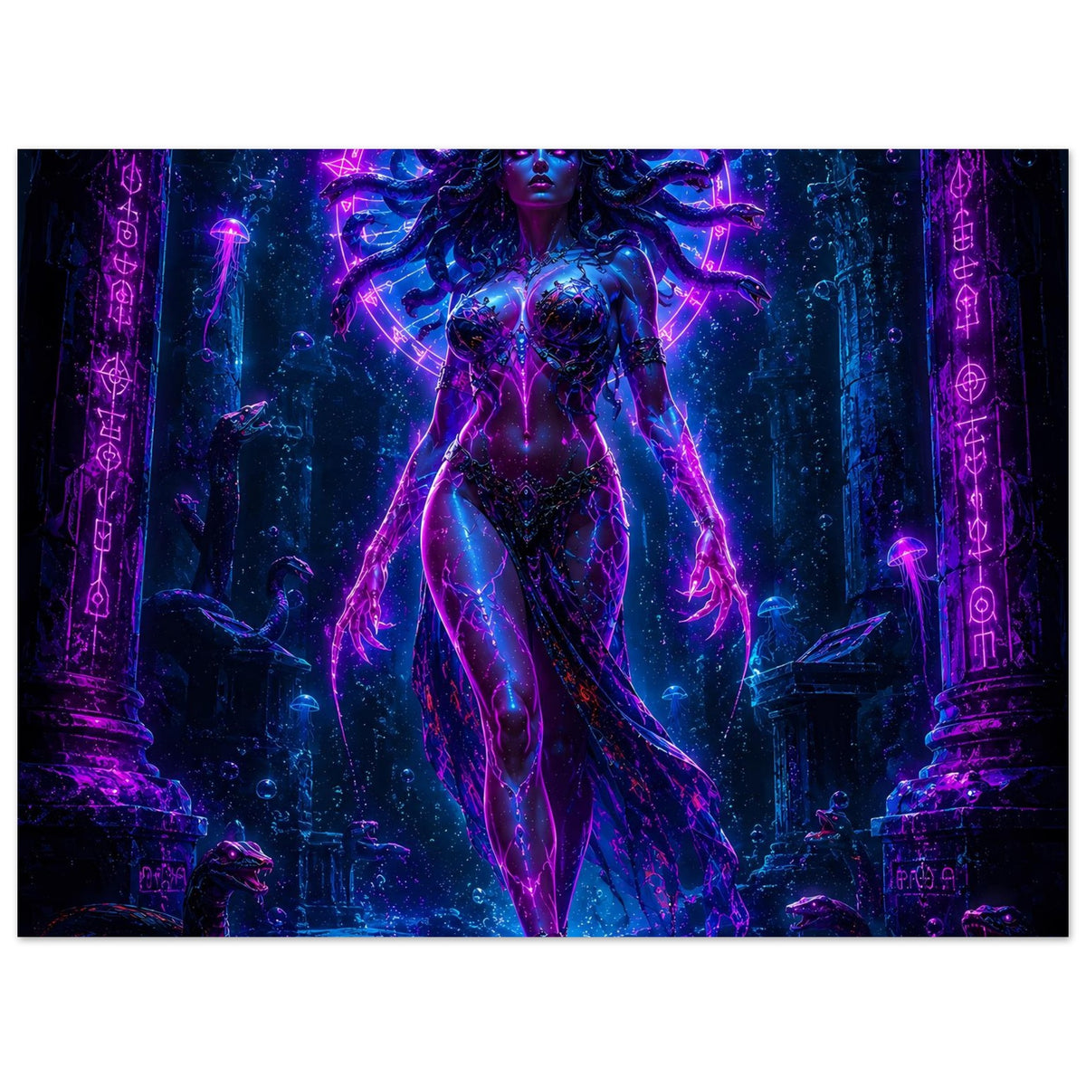 Neon-Fantasy-Poster mit Medusa in leuchtendem Lila-Blau, frontal und ganzfiguriger Ansicht