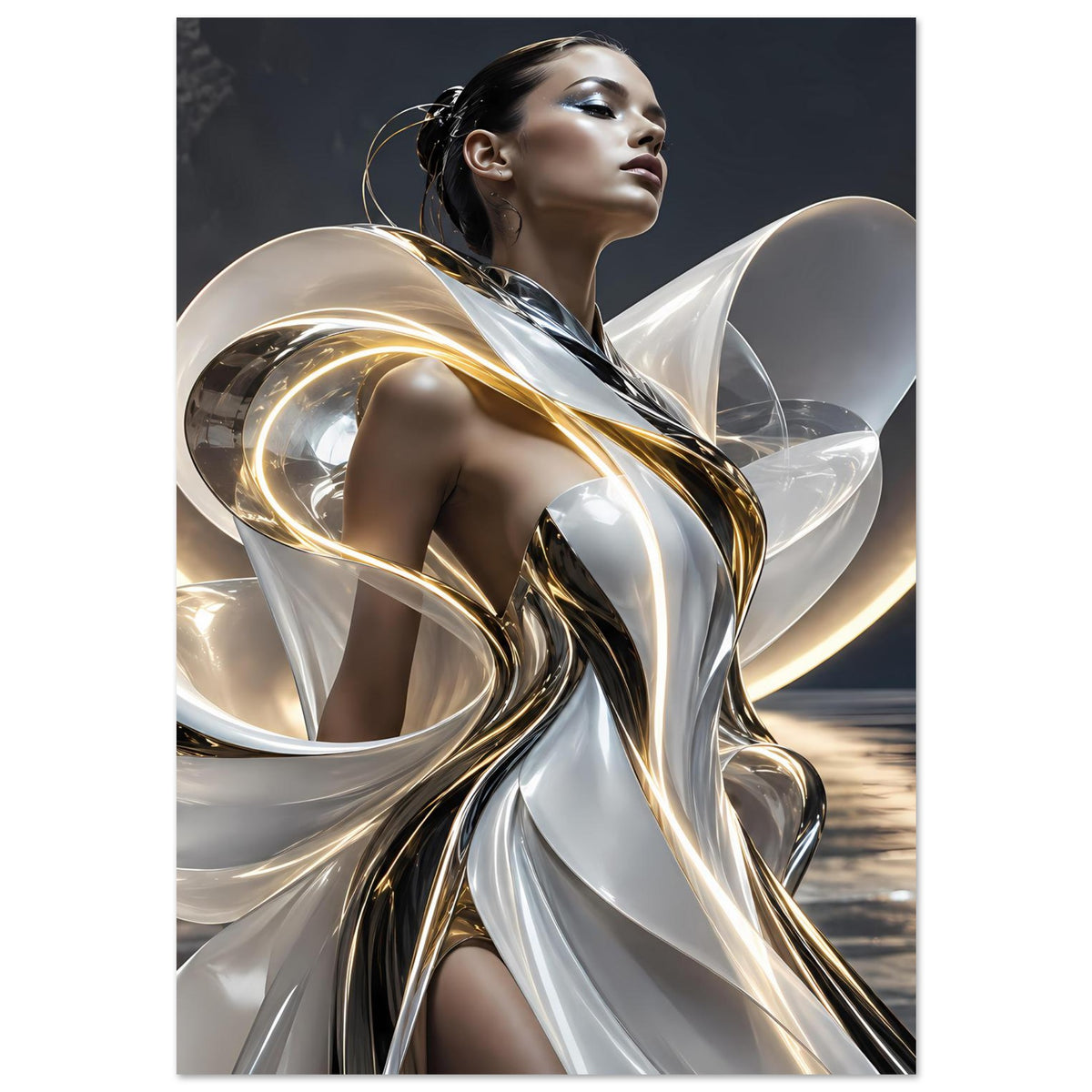 Abstraktes Poster: silbernes Metallwirbelkleid mit goldenen Reflexen und transparenter Schleppe