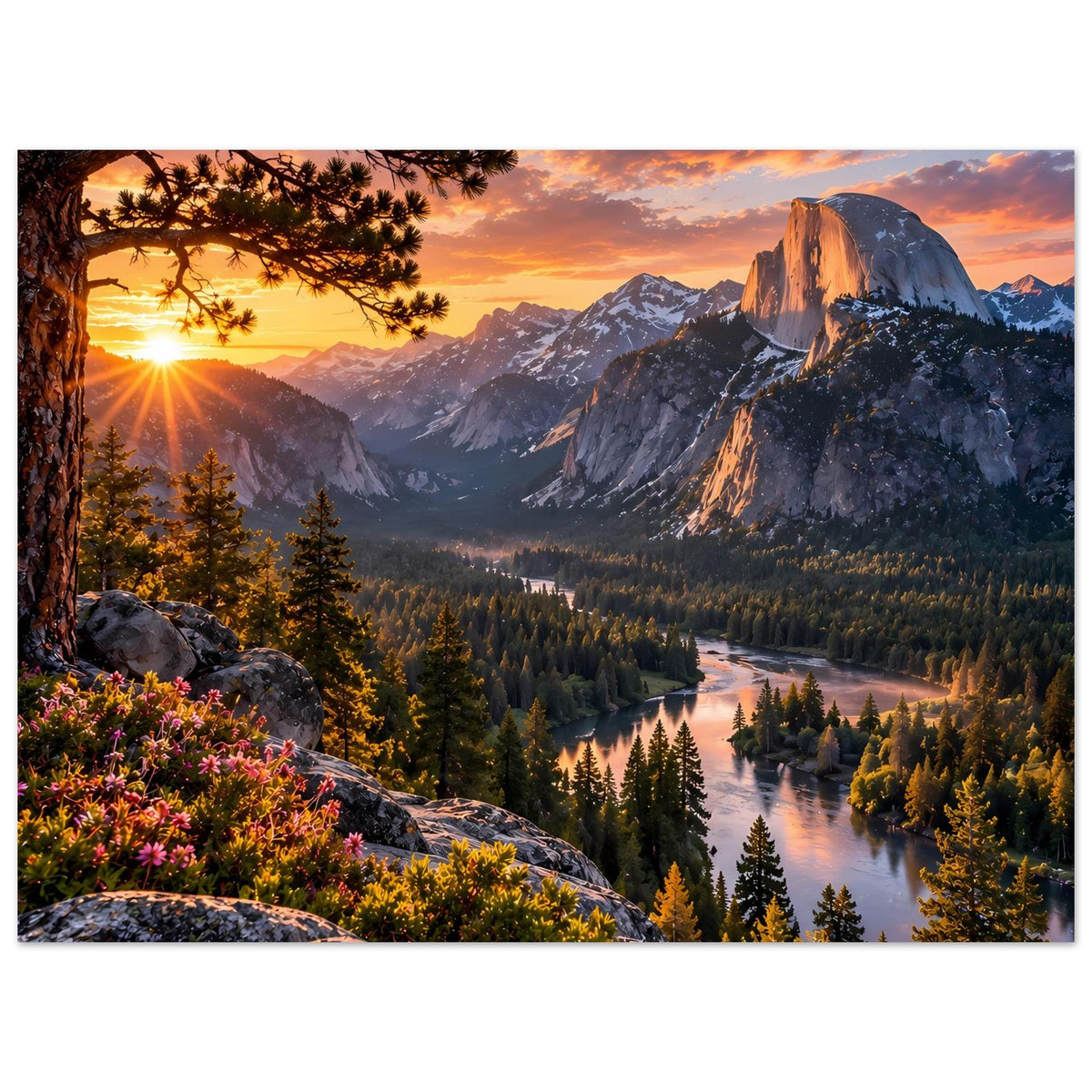 Poster im Querformat mit Sonnenaufgang über Bergmassiv, Felsenhang und Fluss