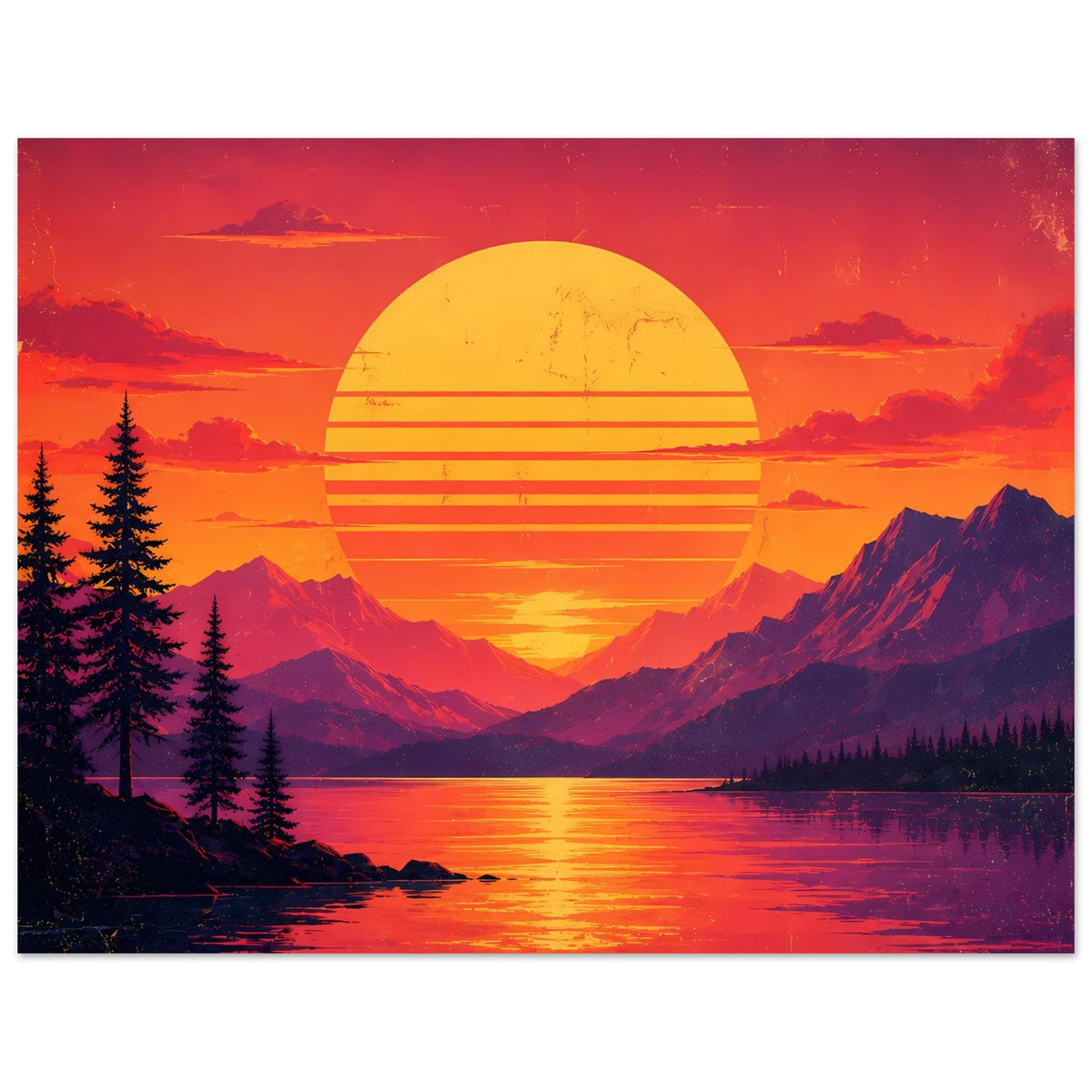 Poster Hochformat mit Retro-Sonnenkreis, Bergen und spiegelndem Bergsee, orange-violett