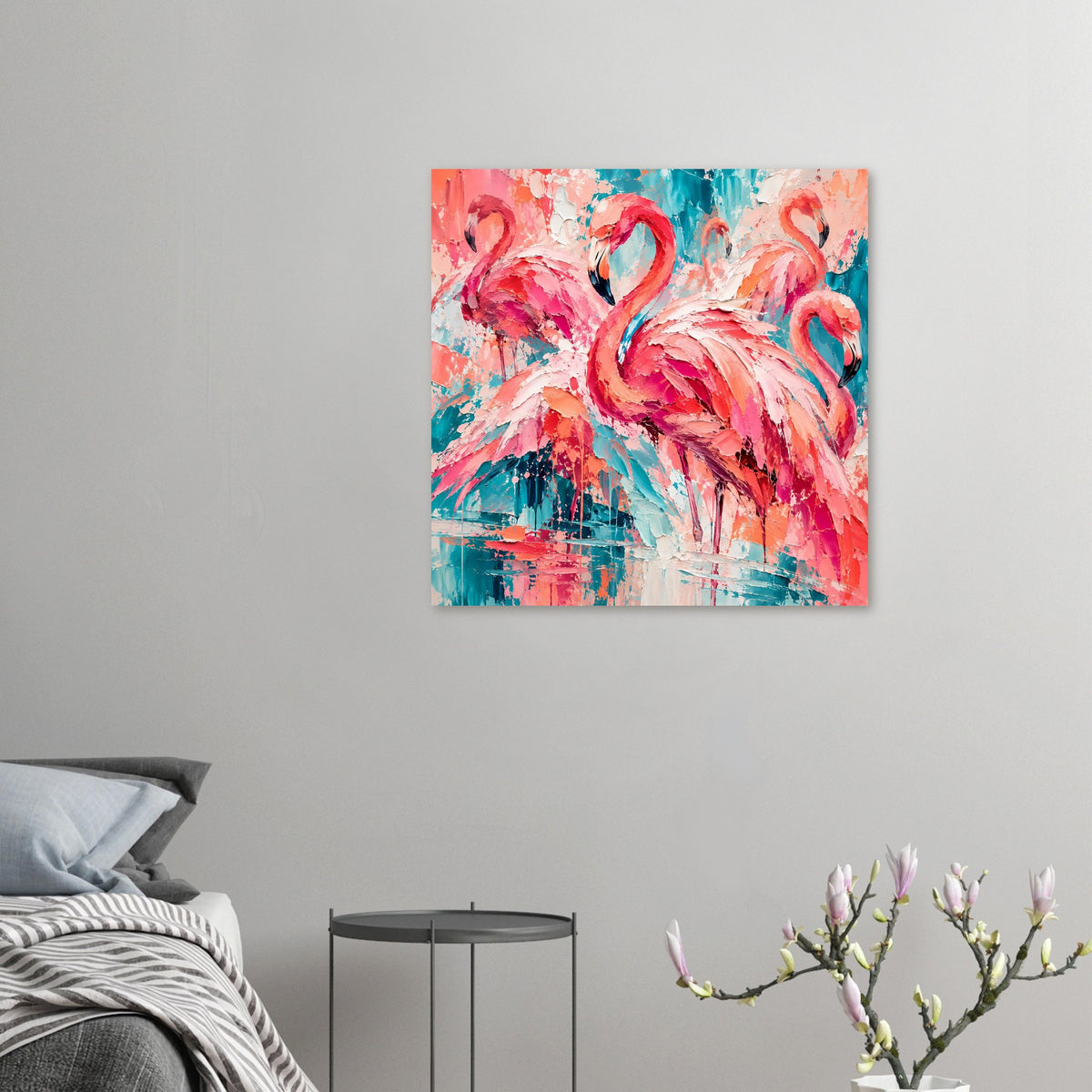 Quadratisches Flamingo-Kunstposter mit kräftigen rosa und türkisfarbenen Farbflächen