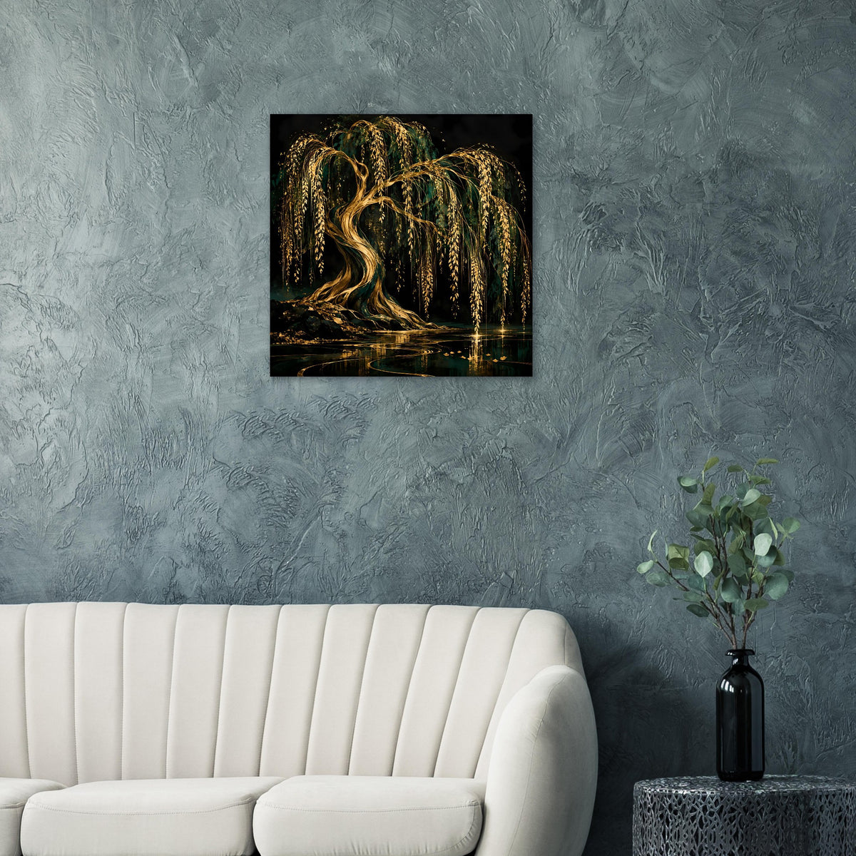 Wandposter mit goldgrüner Weide, Wasserfläche mit Reflexion, quadratischer Druck