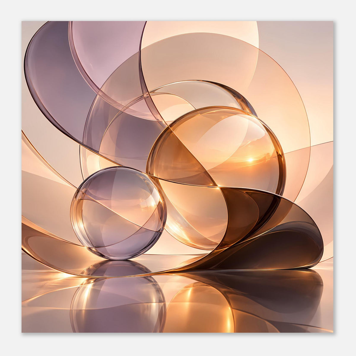 Abstrakter Kunstdruck mit warmen Glas-Kugeln, goldenen Highlights und lila Bogenlinien