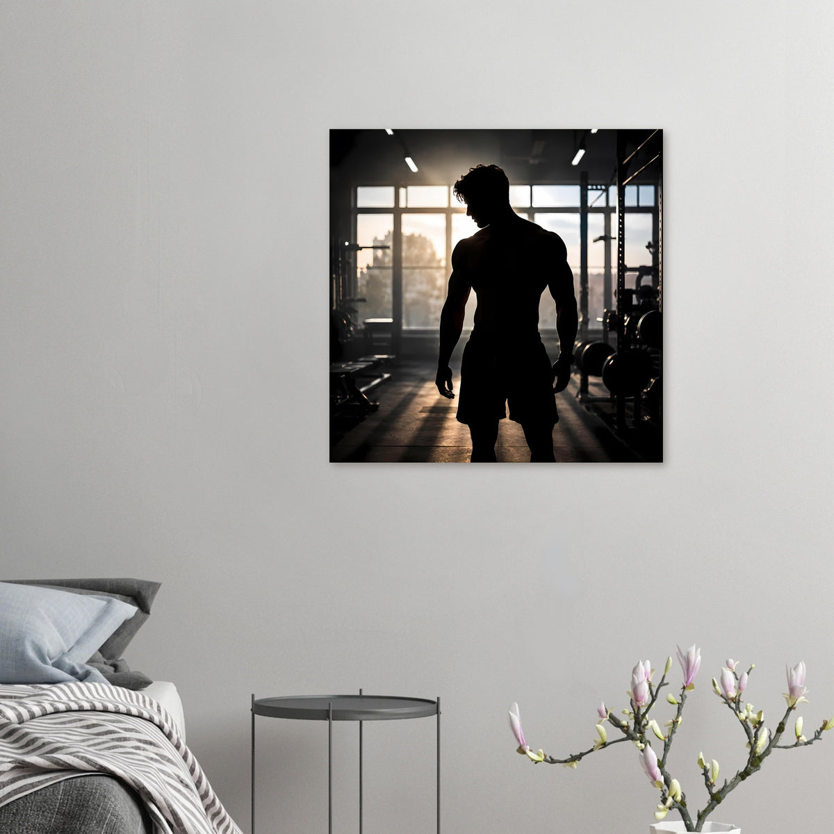 Kleines quadratisches Poster mit Silhouette eines Mannes im Fitnessstudio