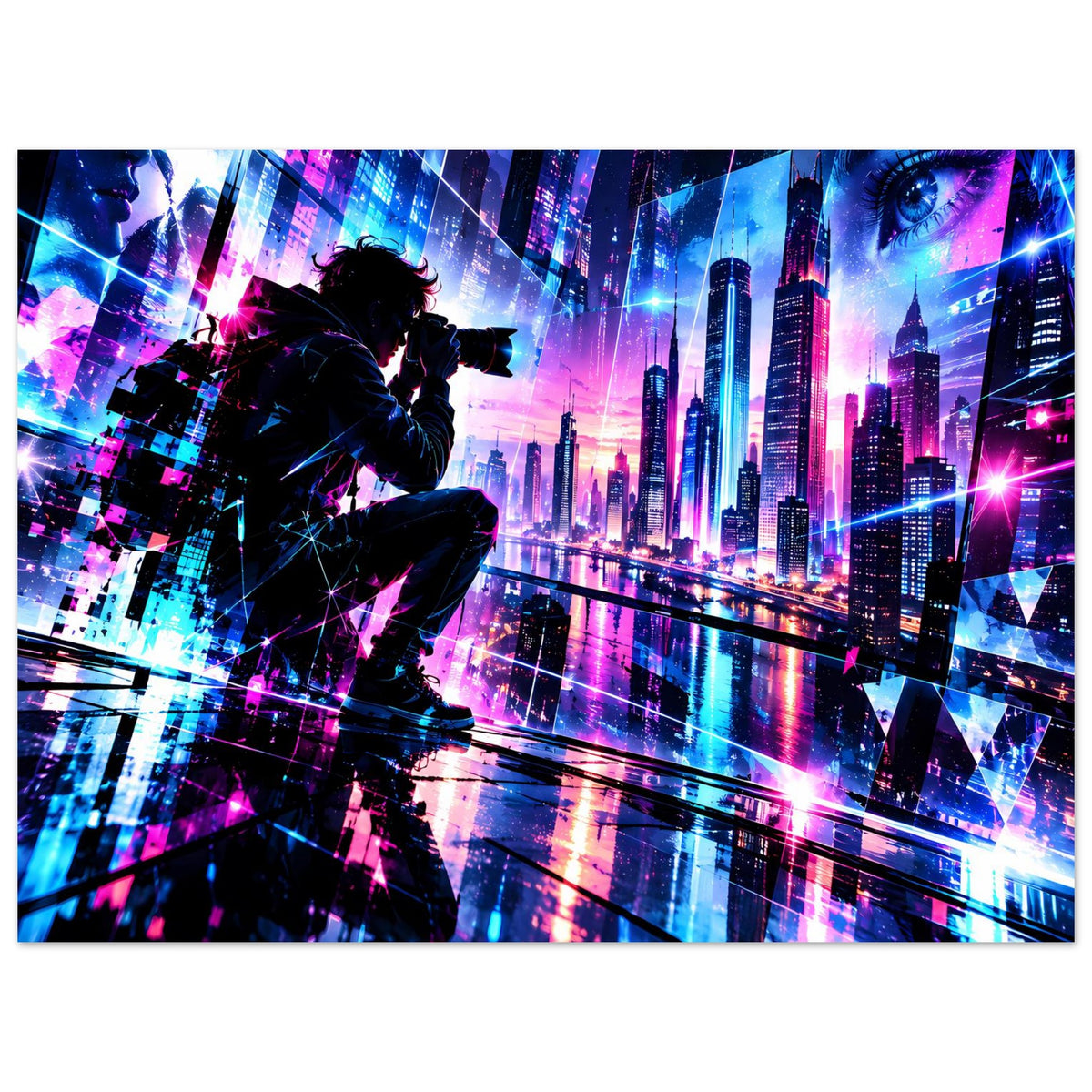 Neon-Cyberpunk-Stadtposter mit Schützen-Silhouette, leuchtender Skyline und Lichtkacheln