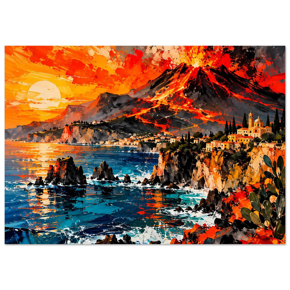 Deko-Poster mit Vulkaneruption: leuchtendes Orange, schwarzer Rauch, Küste mit Gebäuden