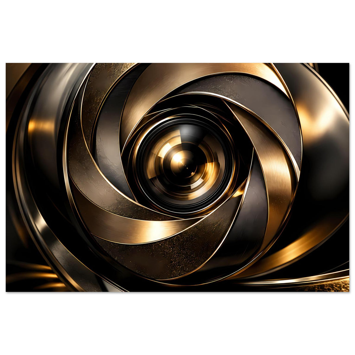 Abstraktes Poster mit goldener Spiralform, schwarzen Zwischenringen und hellem Mittelpunkt