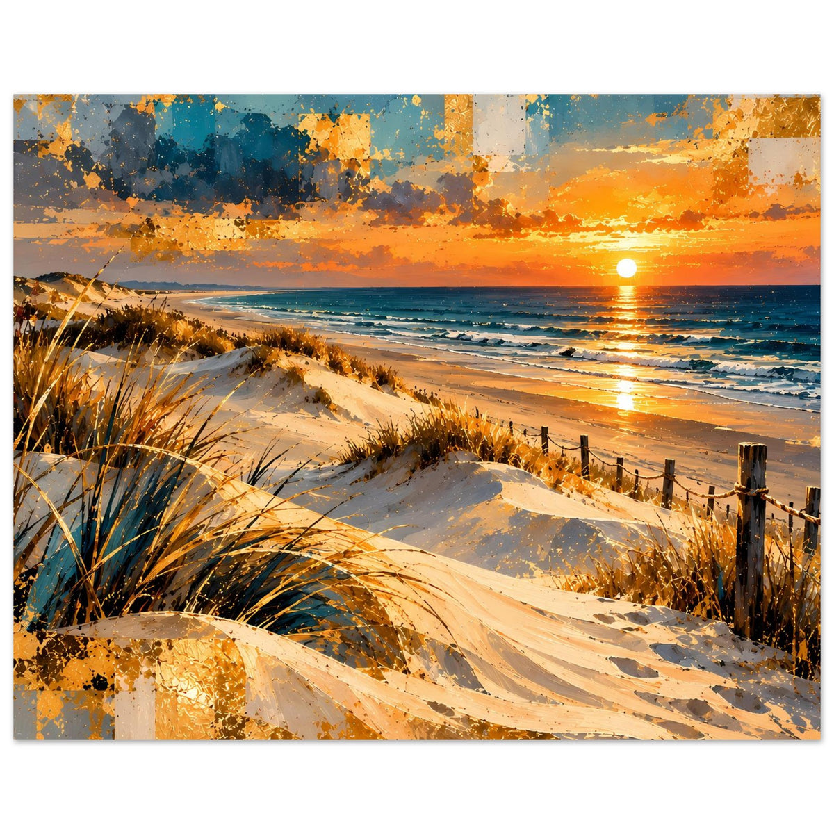 Querformatiges Poster mit Strandlandschaft: Dünen, Meer und orangefarbener Himmel.