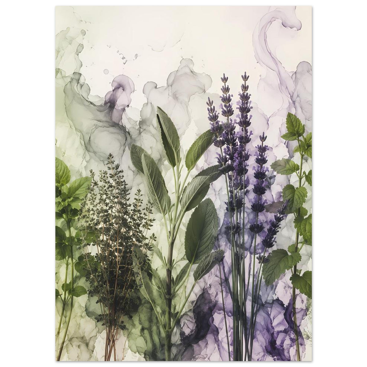 Botanisches Poster im Hochformat: Lavendelblüten in Lila mit grünen Blättern