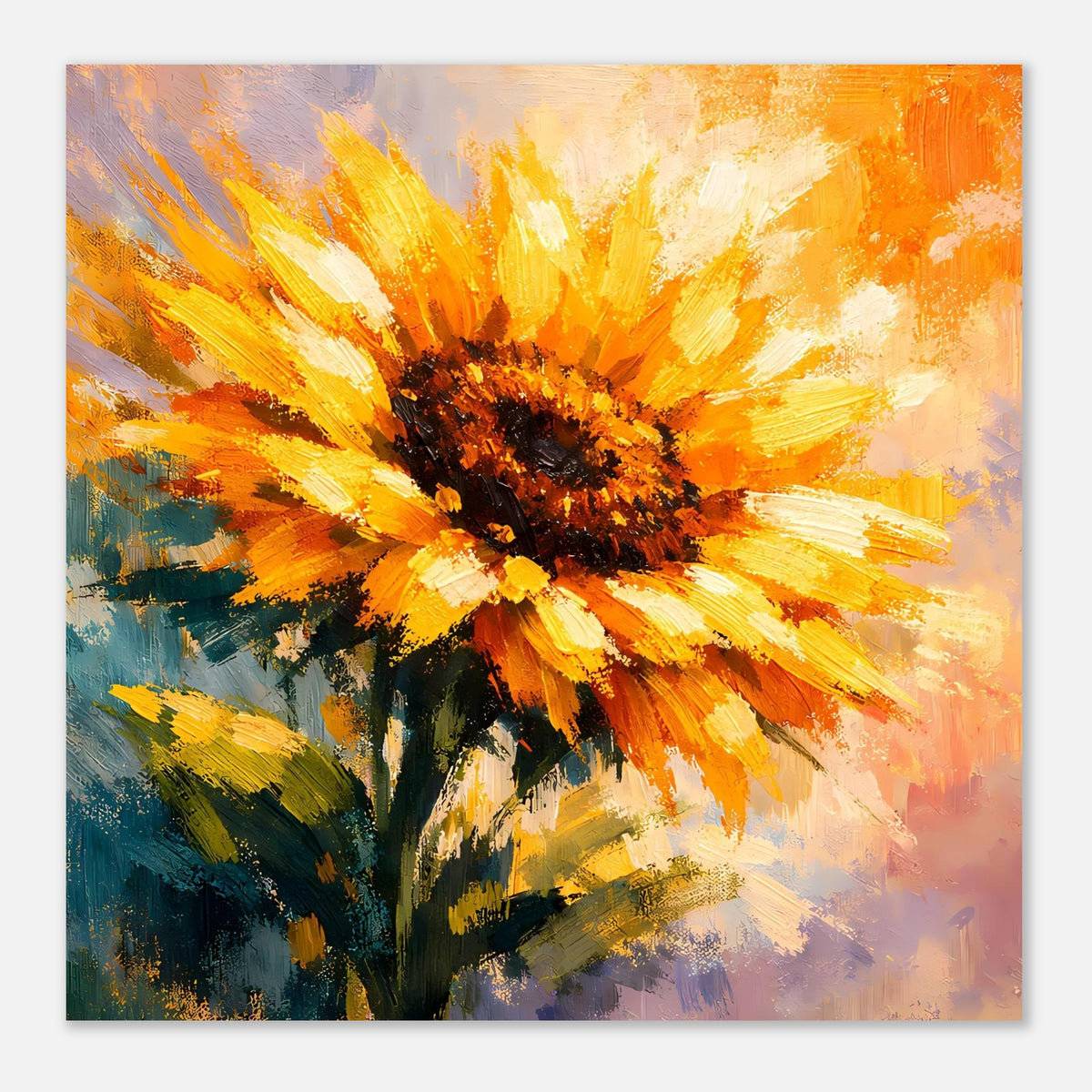 Nahansicht Poster: Sonnenblume in kräftigen Gold-, Orange- und Gelbtönen mit dunklem Zentrum.