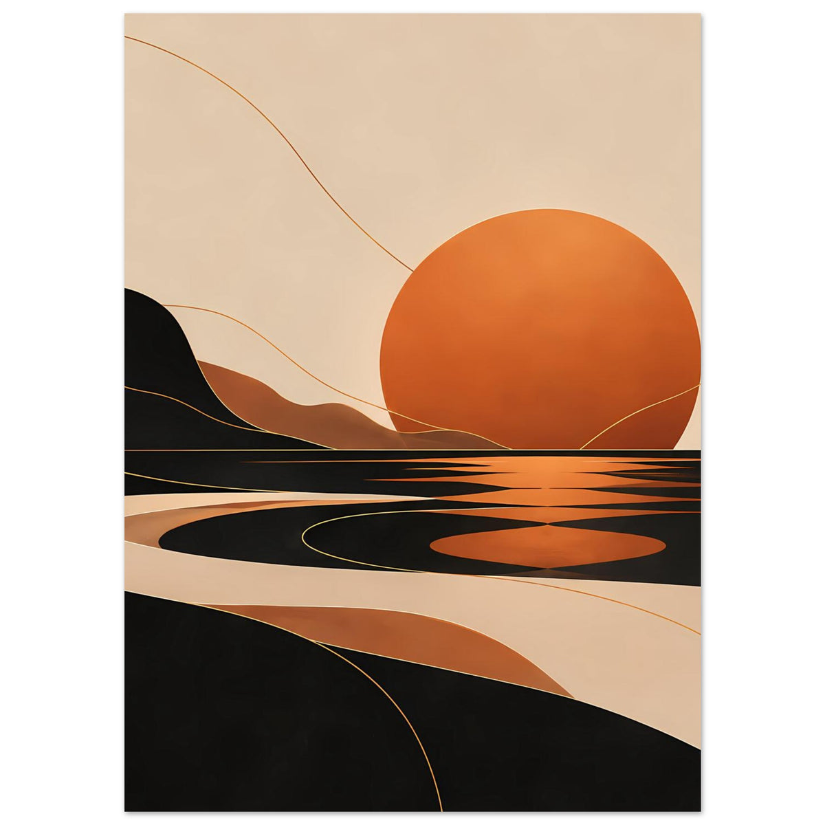 Kunstposter im Hochformat mit abstrakter Landschaft: orange Kugelsonne, schwarze Wellenformen
