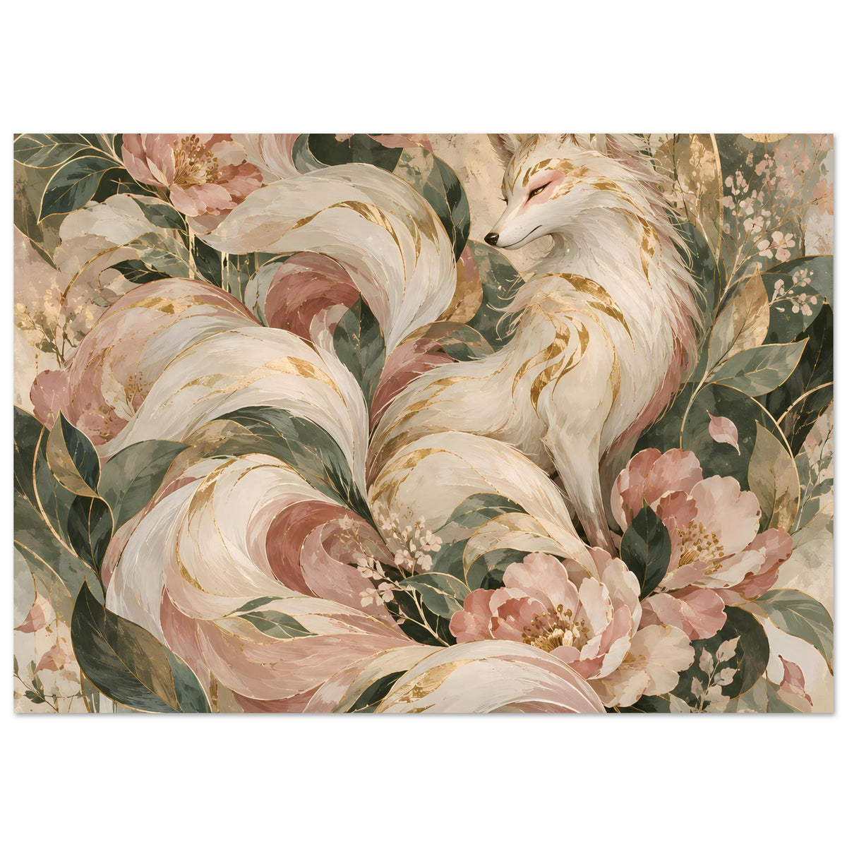 Poster mit mystischem Fuchsmotiv in sanften Rosé-, Grün- und Goldtönen