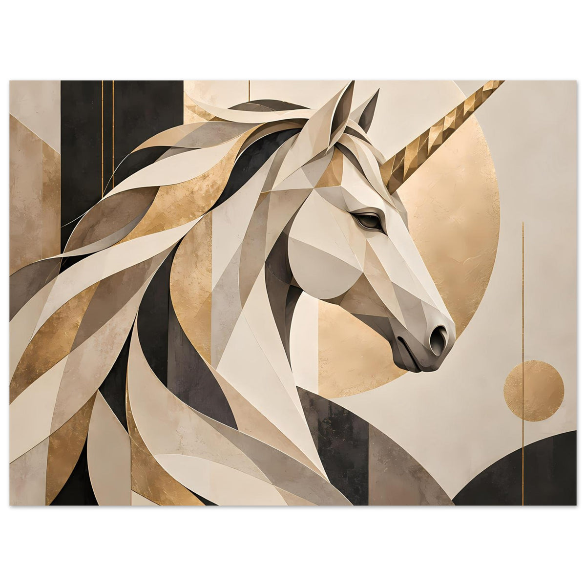 Einhorn-Porträtposter mit Faltenmähne und Horn, zusätzlich Kreise und Linien im Hintergrund