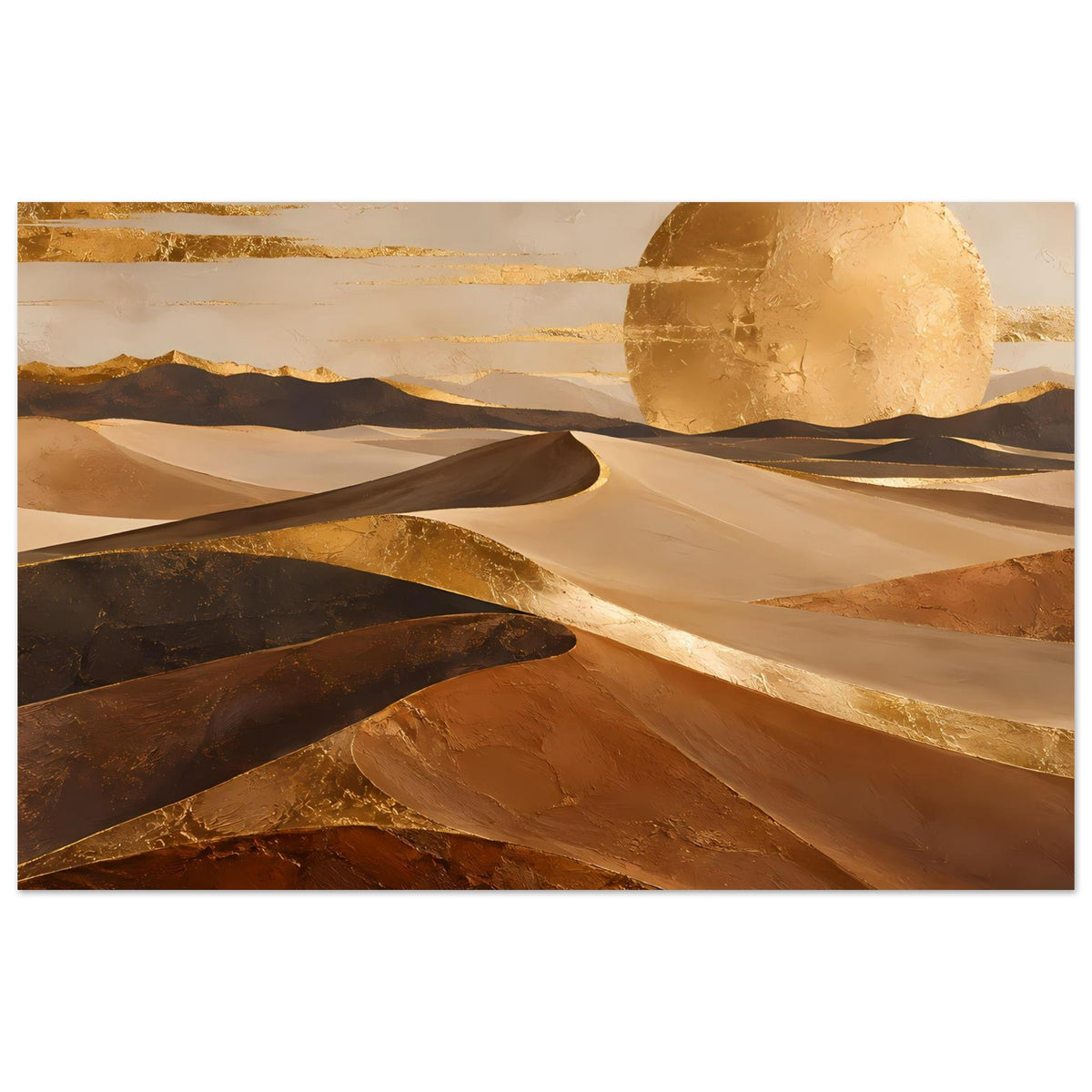 Poster mit Wüstenlandschaft: goldene Sonne, Sanddünen in warmen Brauntönen