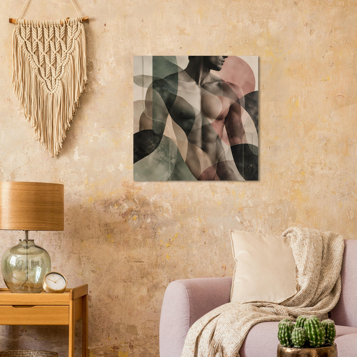 Quadratischer Kunstdruck mit abstraktem Aktmotiv in Grün-, Beige- und Brauntönen