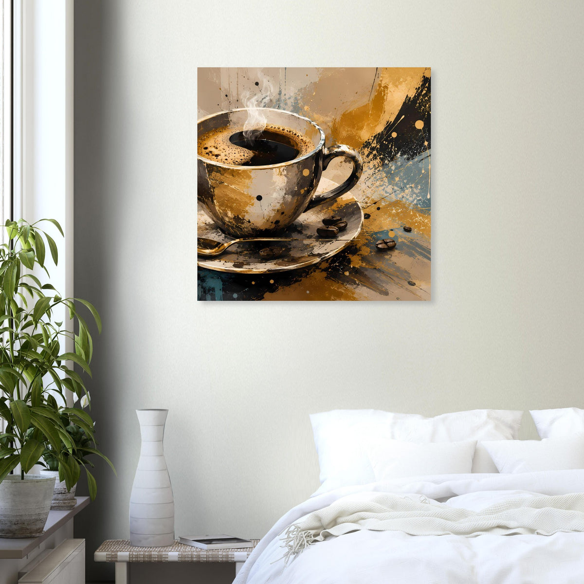 Kunstposter mit abstrakter Kaffeetasse auf Untertasse, goldene Spritzer und dunkler Kaffee