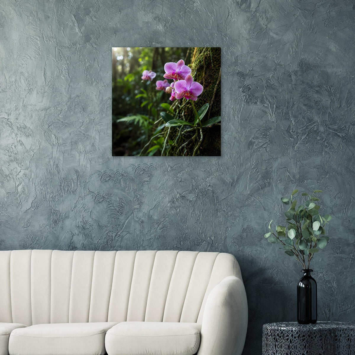 Quadratisches Wandposter mit rosa Orchideen, botanisches Motiv