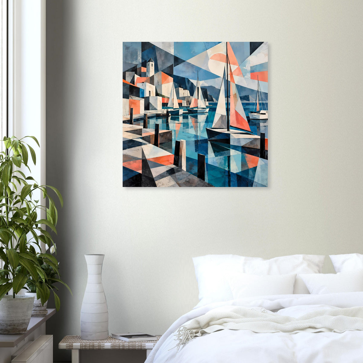 Quadratisches Poster: abstrakter Hafen mit Segelyachten und kastenförmigen Formen in Blau