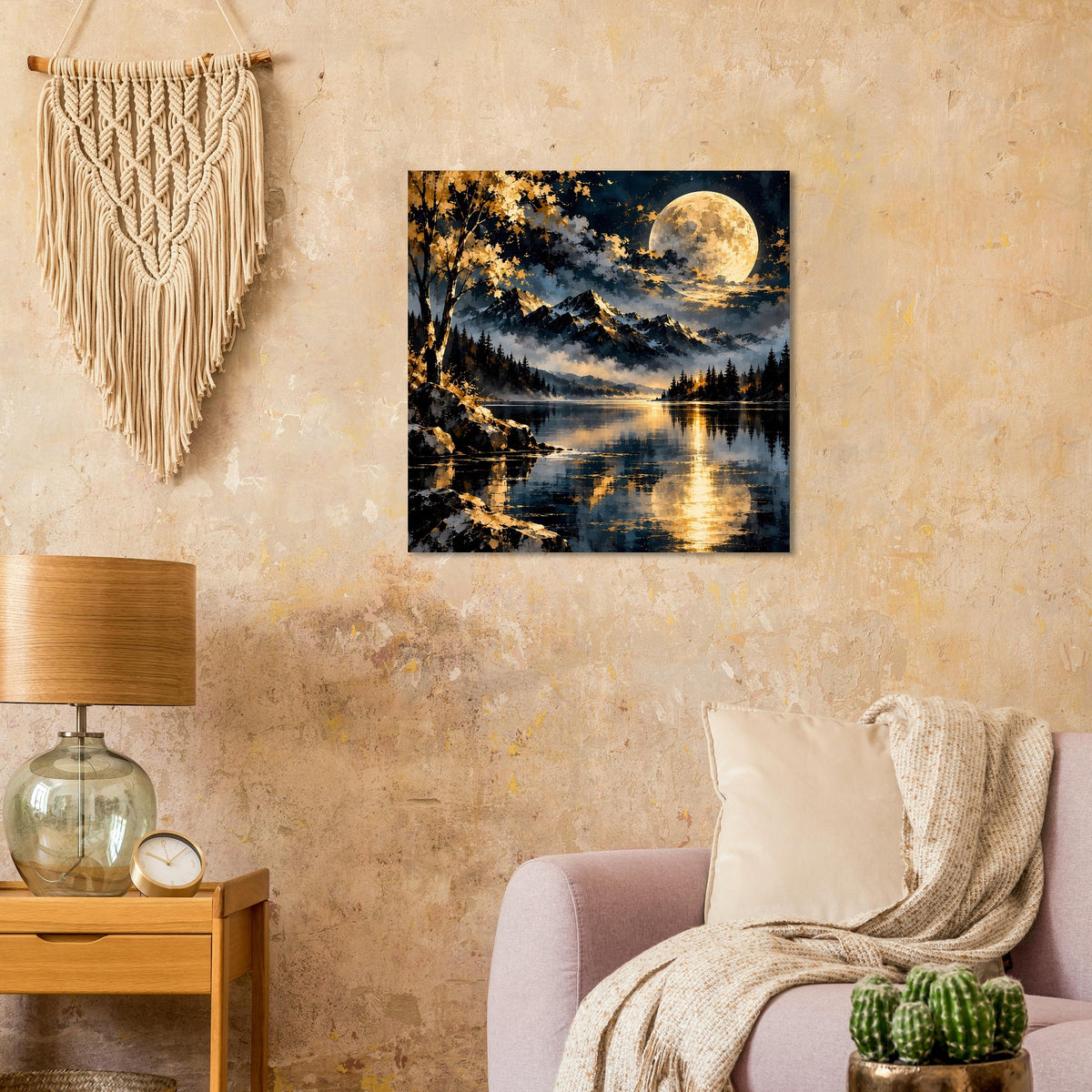 Landschaftsposter im schwarzen Rahmen: Vollmond über See mit goldenem Ufer, Berge und Wald