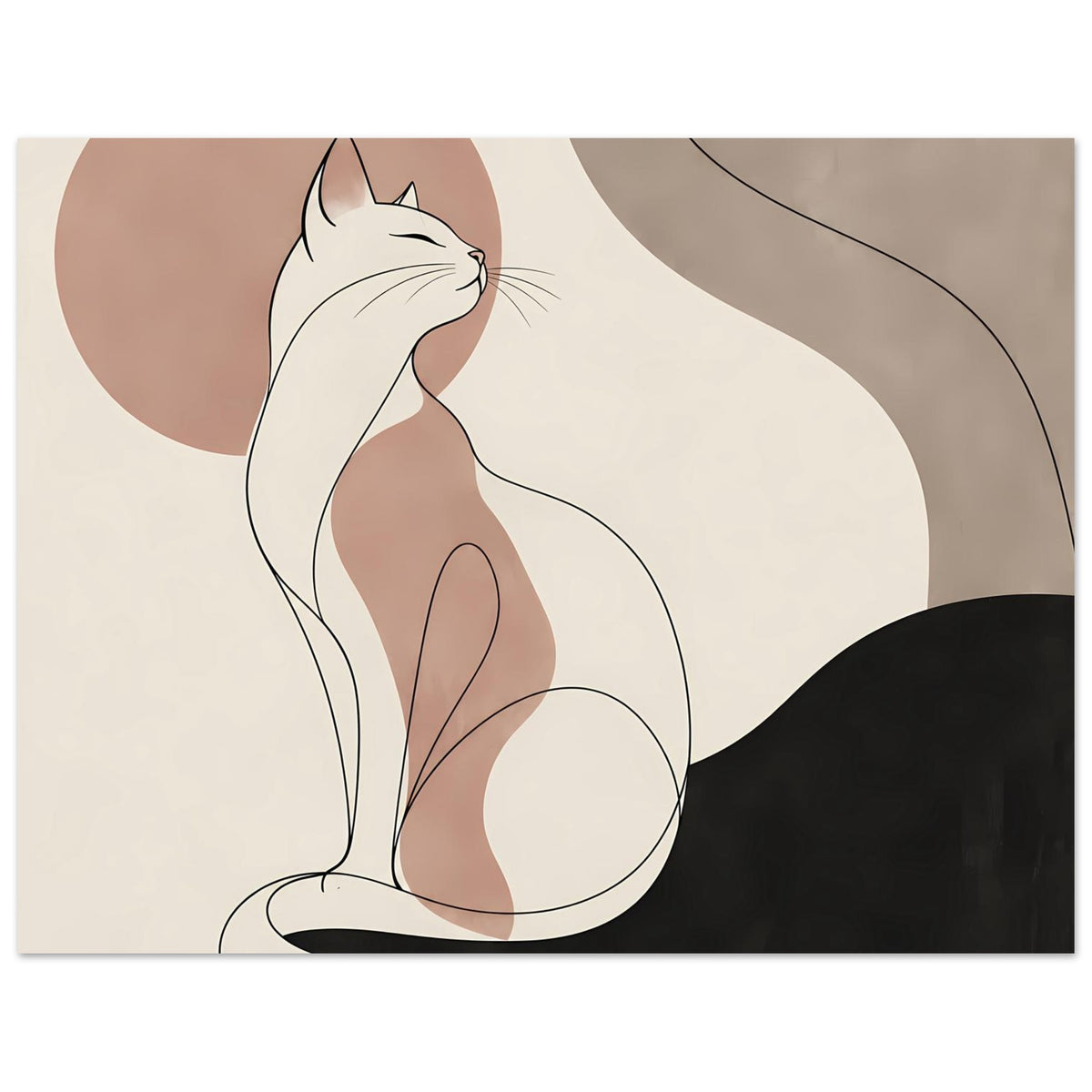 Poster zeigt Katzen-Silhouette von der Seite, weiß und rosa, schwarze Linien und dunkler Hintergrund
