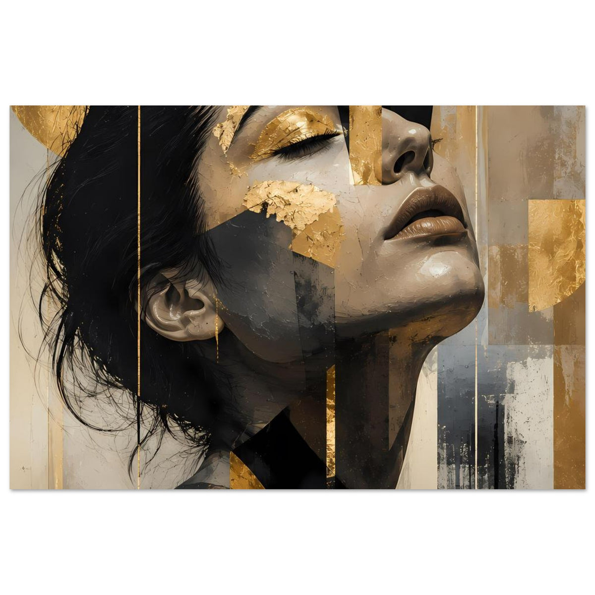 Abstraktes Frauenporträt-Poster mit goldenen Akzenten, gestyltes Gesicht im Querformat