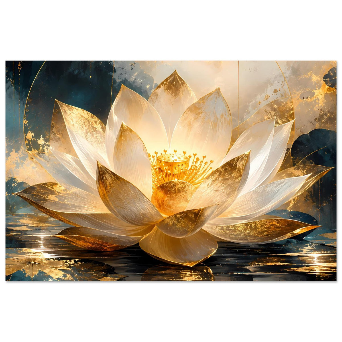 Kunstposter mit großer Lotusblüte in Gold und Weiß über dunklem, spiegelndem Wasser