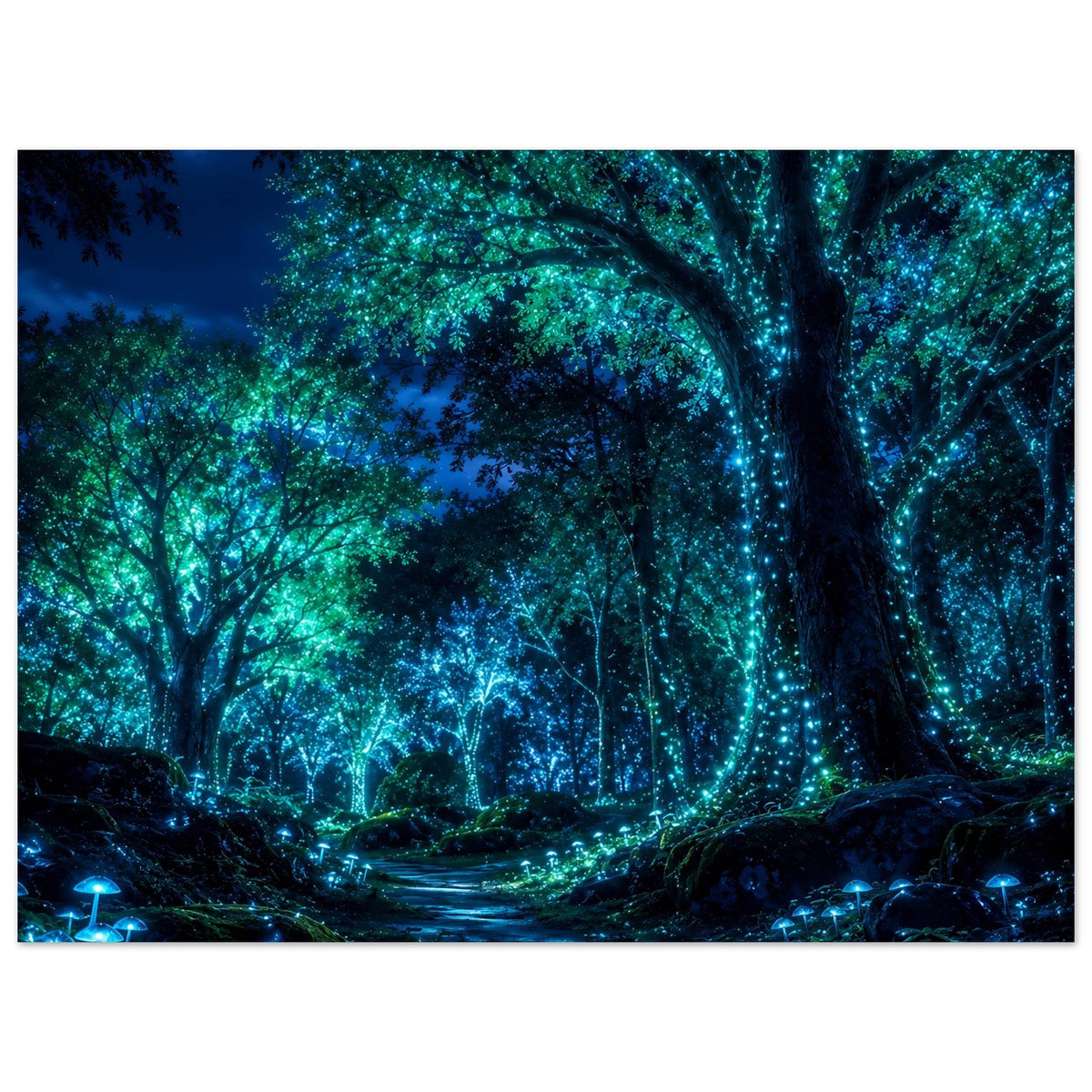 Wandposter Nachtwald mit leuchtendem Baum, türkisfarbenem Lichtkranz und Weg im Dunkeln