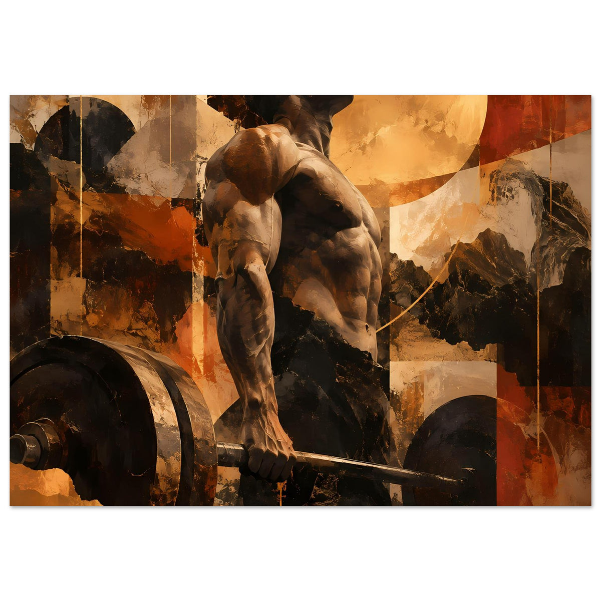 Gerahmtes Fitness-Artposter: muskulöser Hund hebt Hantelstange, warm in Erdtönen