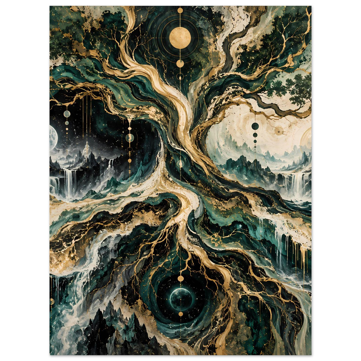 Vertikales Poster mit Baum in Fantasie- Landschaft, türkisgrünen Wurzeln und Mond