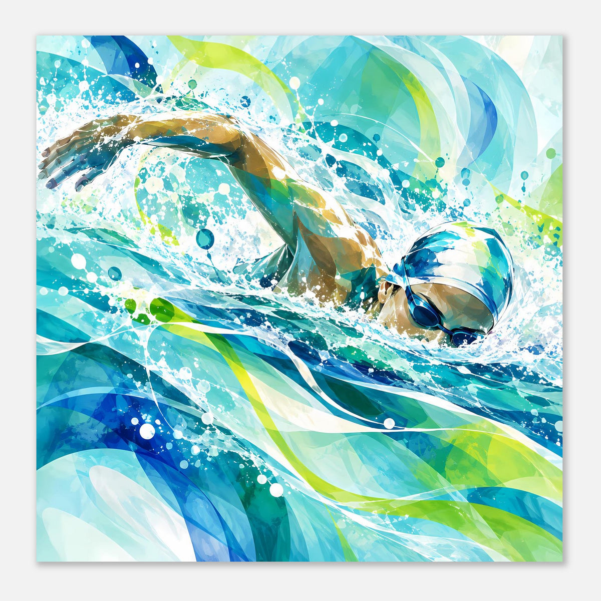 Quadratisches Poster mit Schwimmer im Wasser, leuchtende Blau- und Grüntöne