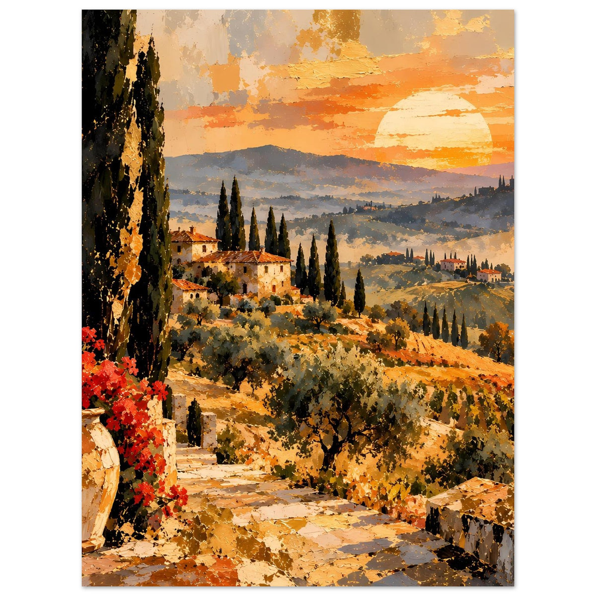 Toskana-Poster mit Vase am Rand, orangeem Abendhimmel, Zypressen und Hügeln